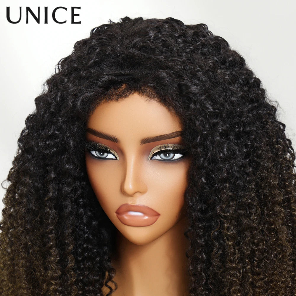 UNice Hair Chestnut Brown Ombre Kinky Curly Half Wigs With 4C Edges & Invisi Drawstring 100% Human Hair Glueless Flip Over Wig