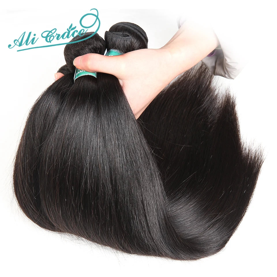 Ali Grace Straight Hair Bundles With Closure 4x4 Closure With Bundle Brazilian Human Hair Weave With Transparent Lace Closure