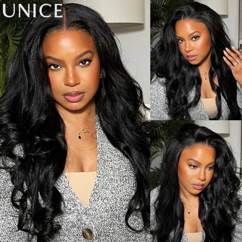 Unice Hair Wavy Yaki Straight Wig With Flip Out Bang 7x5 Pre Cut Pre Bleached Glueless Wig Human Hair Ready To Wear 150% Density