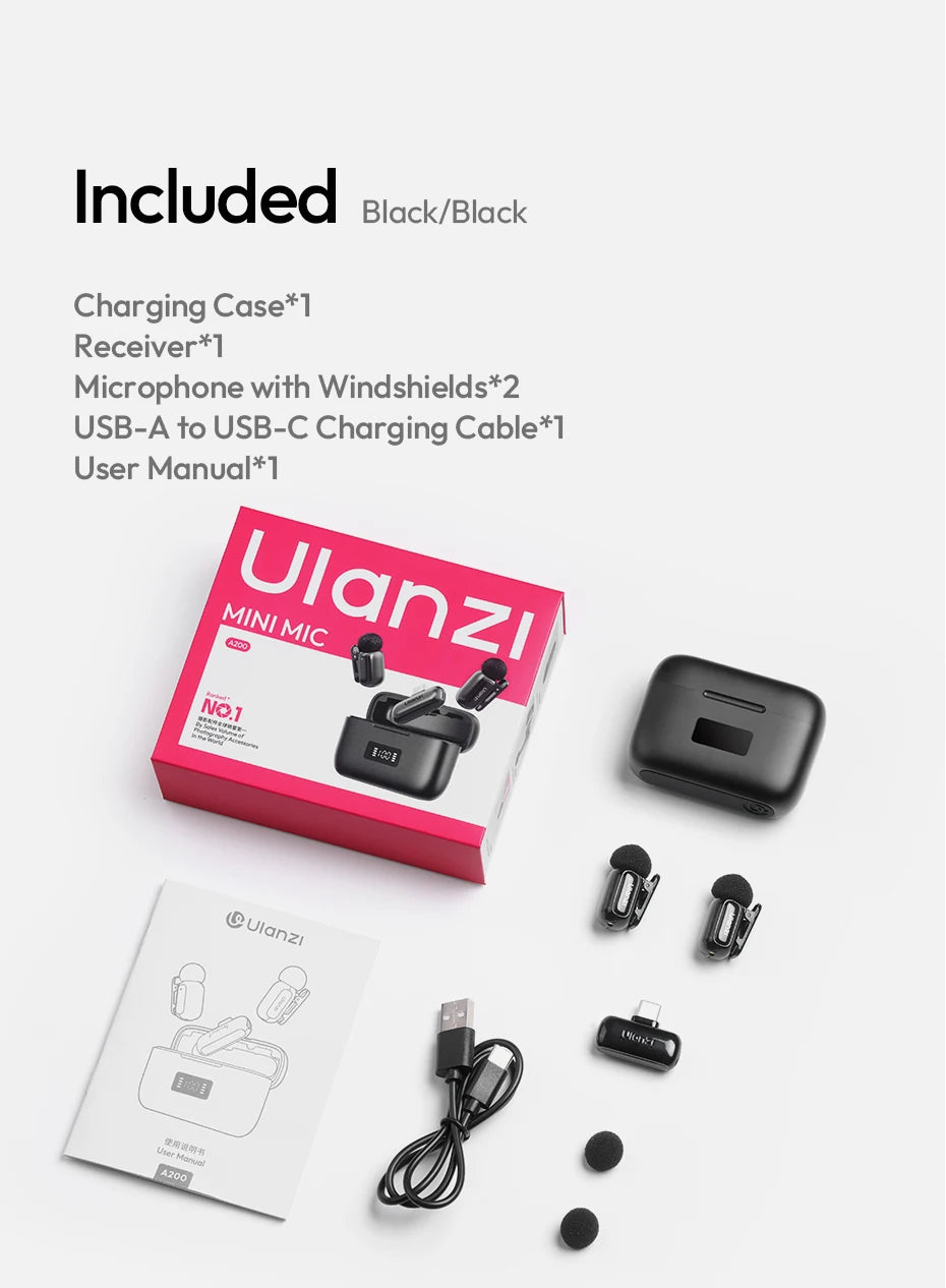 Ulanzi A200 Mini Mic 48kHz/24bit 75dB for Smartphone Camera Livestreaming Street Interview Vlogging Wedding Videography Shots