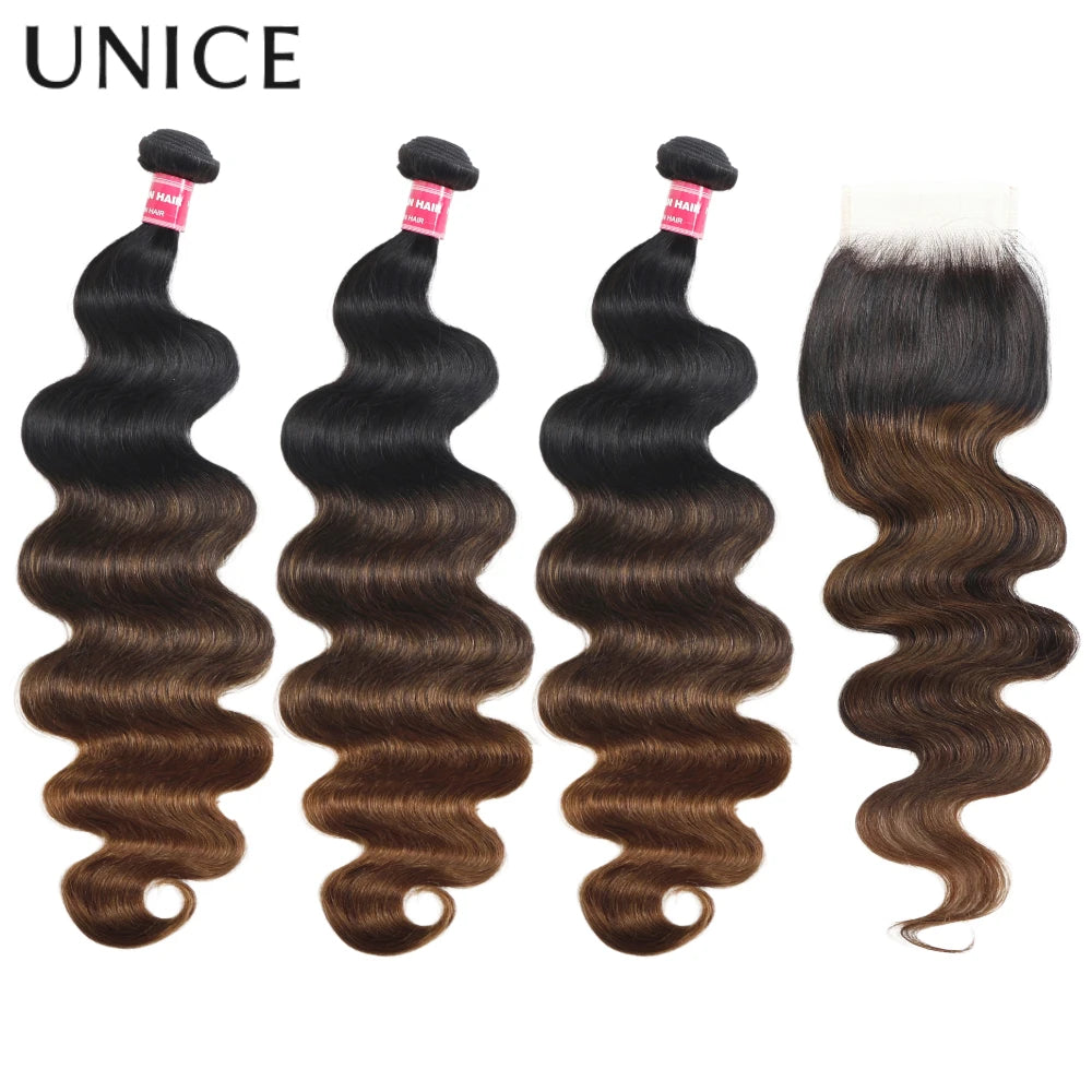 UNICE Hair Chestnut Brown Body Wave Human Hair Bundles With Closure 2/3/4 PCS Hair Bundles With 4x4 Lace Closure
