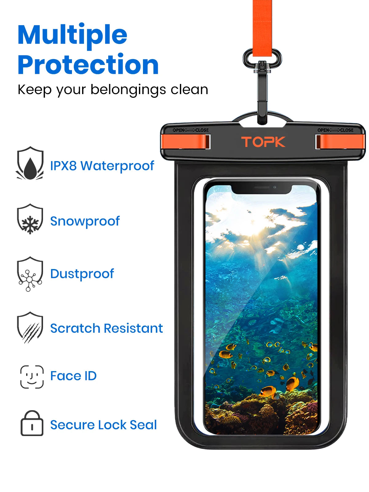 TOPK Waterproof Phone Pouch Case[2 Pack]IPX8 Waterproof Phone Case for Swimming Dry Bag with Clip Strap for iPhone 15 Up to 7”