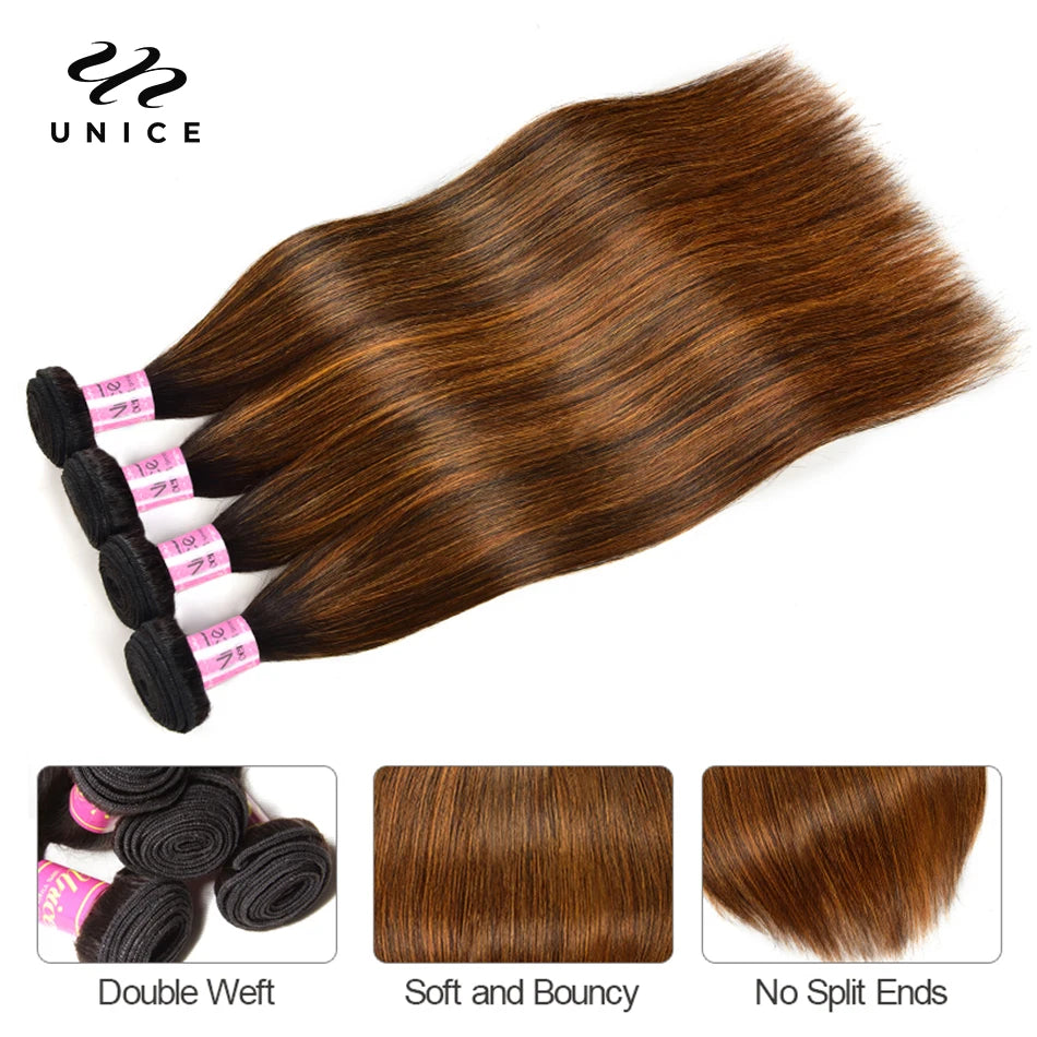UNICE Brazilian Straight Bundles with Closure Honey Blonde Highlight Closure and Blundles 4PCS Human Hair Bundles with Closure