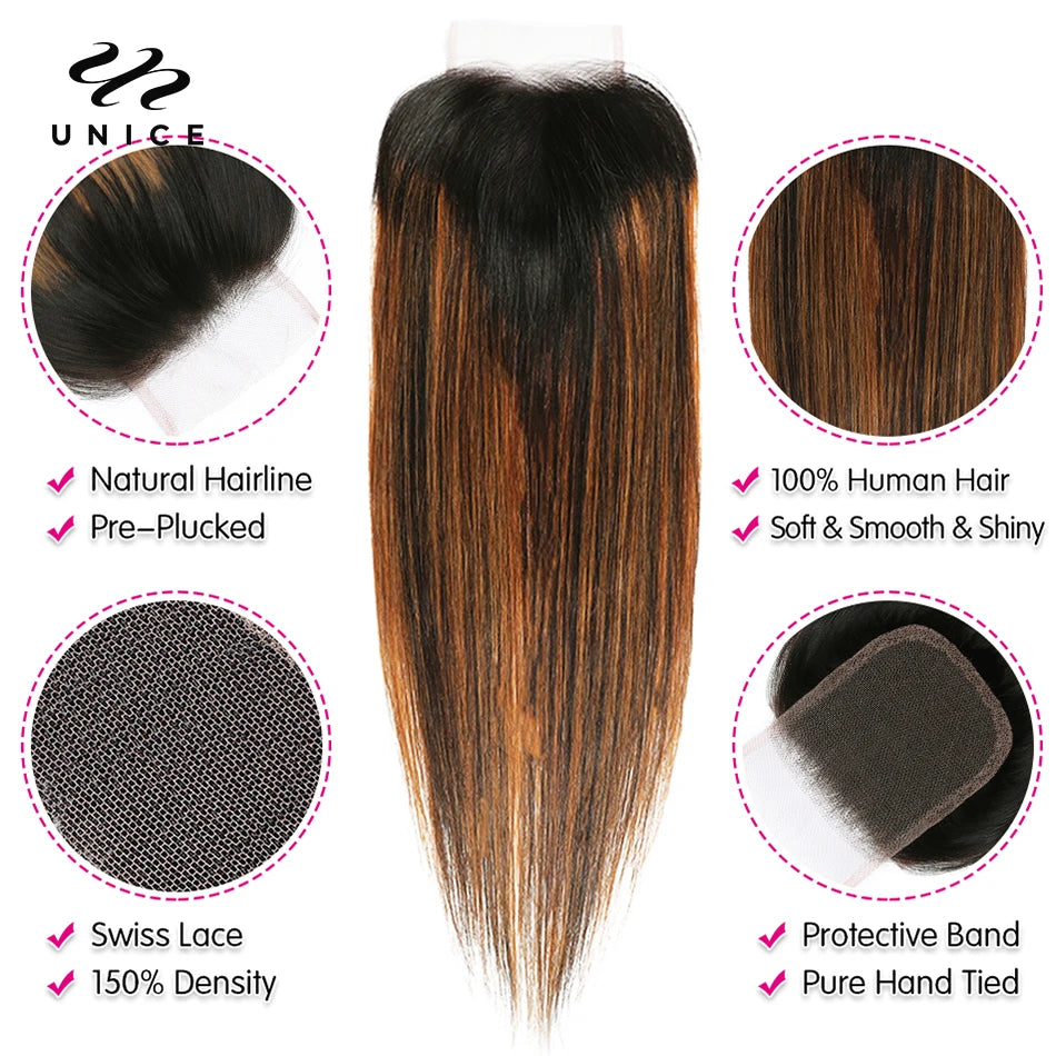 UNICE Brown Balayage Straight Human Hair Bundles with Closure 2/3/4 PCS Hair Bundles With 4x4 Lace Closure Make 250% Denstiy Wig