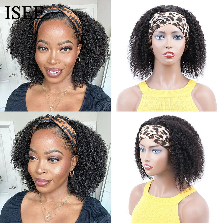 ISEE Hair Headband Wig Human Hair Kinky Curly Scarf Wigs For Women Brazilian Curly Wigs on Sale No Glue No Gel Full Machine Wigs
