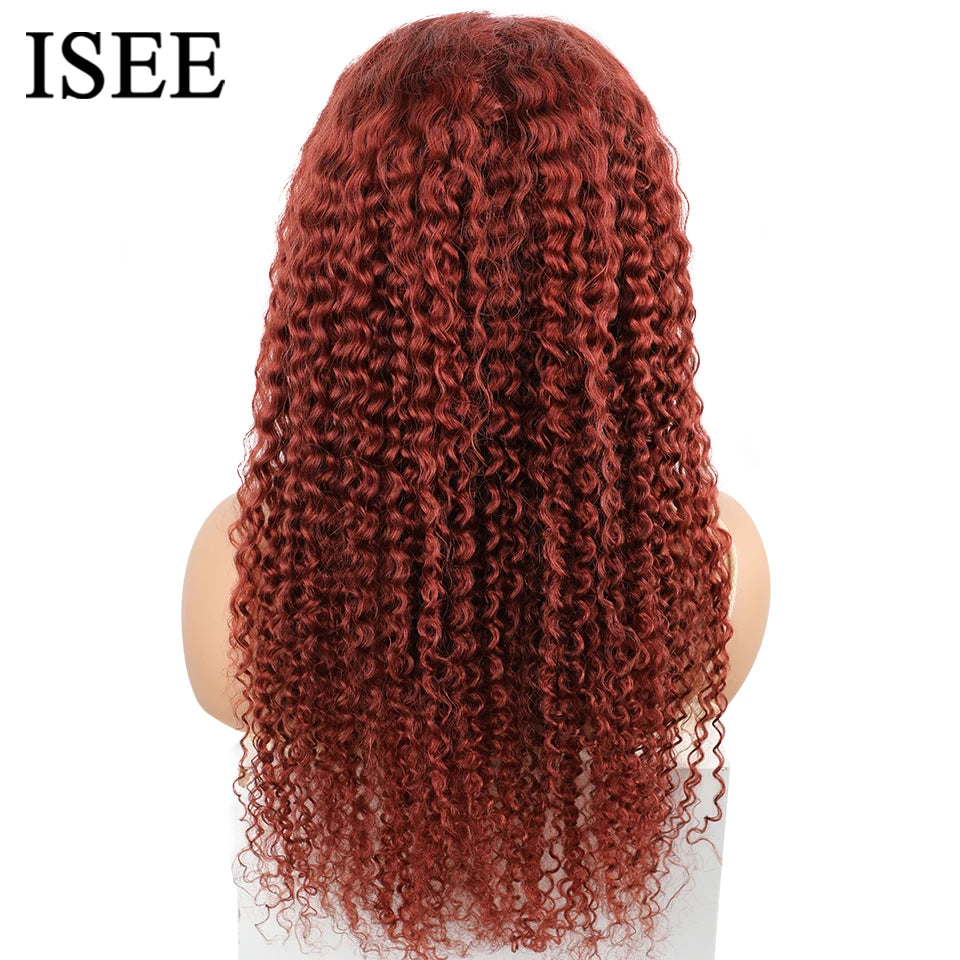 ISEE HAIR Wig Reddish Brown Wear Go Glueless Human Hair Wigs Mongolian Kinky Curly 6x4 Lace Glueless Human Hair Wigs Ready To Go