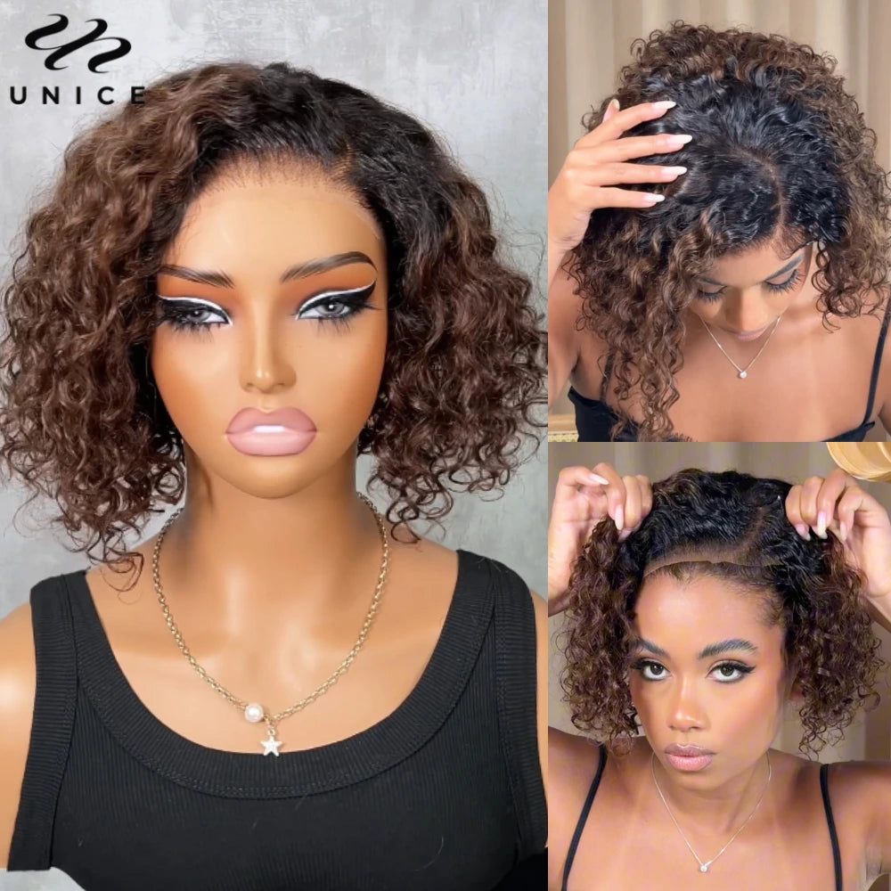 UNICE Hair Short Curly Bob Wig 7x5 Pre Cut Pre Bleached Glueless Wigs Human Hair Ready To Wear 150% Density