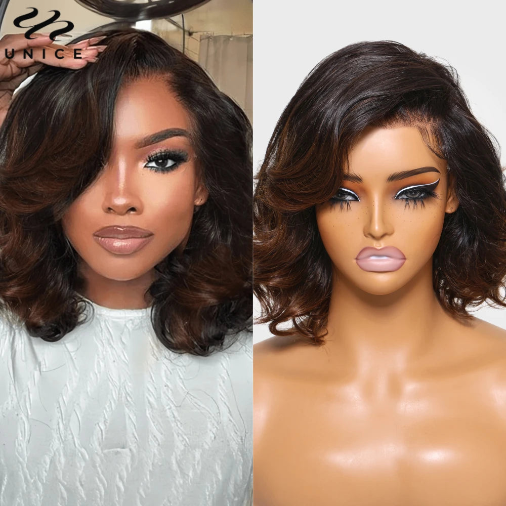 UNice Hair Chestnut Brown Ombre Bob Wigs Pre Everything 13x4 Human Hair Lace Frontal Wigs Wavy Bob Wigs 12Inch 150% Density
