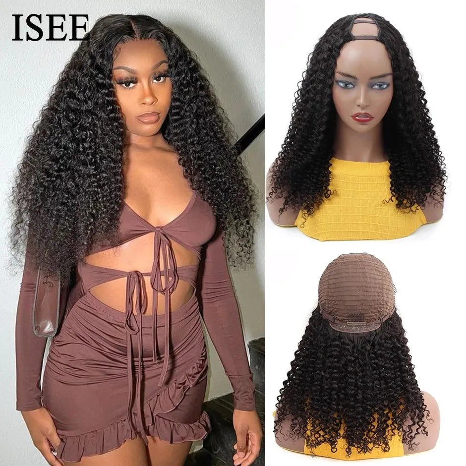 Mongolian Kinky Curly U Part Wigs Human Hair For Women 180% Density Curly 100% Human Hair Wigs ISEE HAIR U Shape Wigs No Glue