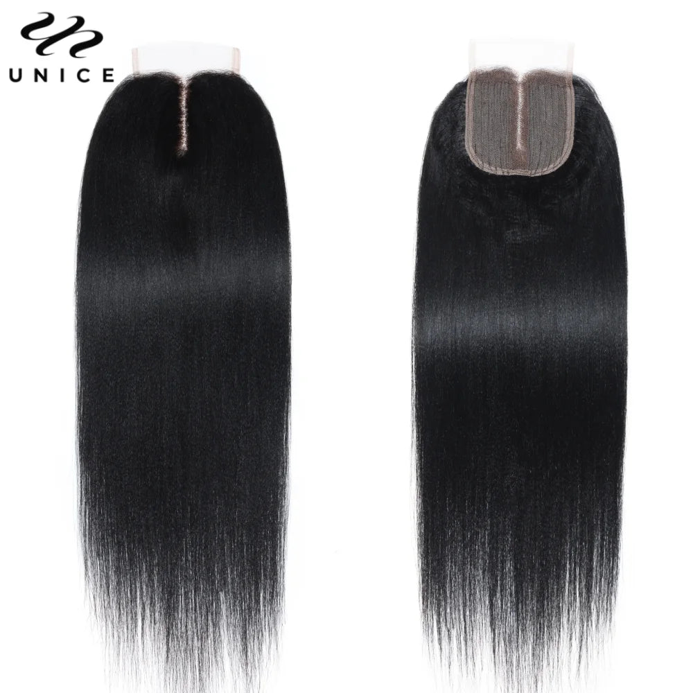 UNice Hair Yaki Straight Hair Bundles With Closure Natural Color 100% Human Hair Bundles 3PCS And Middle Part 4x1 Lace Closure