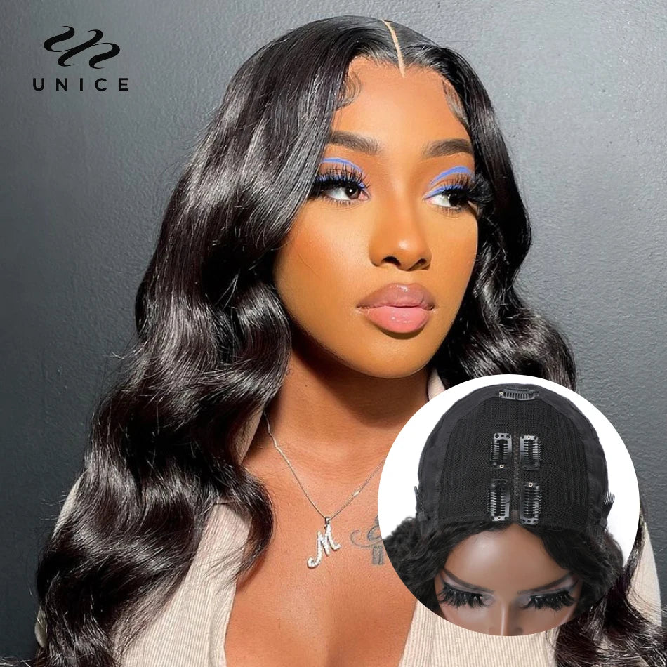 UNice Hair Body Wave V Part Wig Human Hair Natural Color Upgrade U Part Wig Minimal Leave Out No Lace No Glue Wig 150% Density