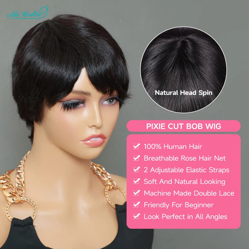 Short Bob Pixie Cut Wigs For Black Women Straight Human Hair Machine Made Wigs With Bangs Brazilian Remy Hair Wig Ready To Go