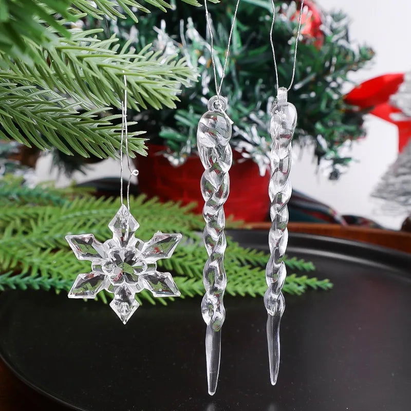 5-48Pcs Christmas Ornaments Crystal Tree Decorations Transparent Ice Strip Pendant DIY Teardrop Chandelier Xmas Wedding Beads