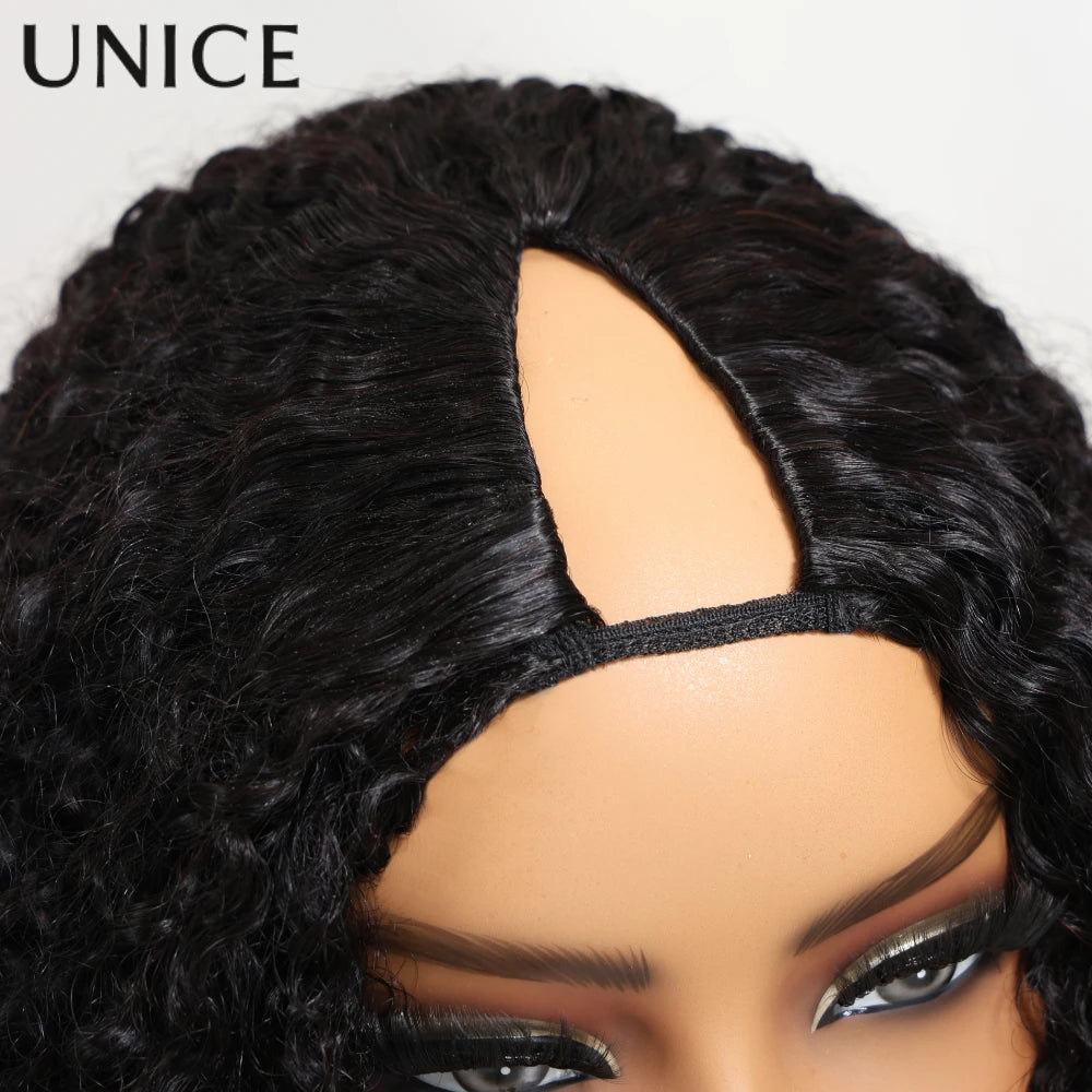 UNice Hair Bouncy Water Wave Curly V Part Wig With Drawstring Seamless Blend Human Hair Clip In Wig 150% Density
