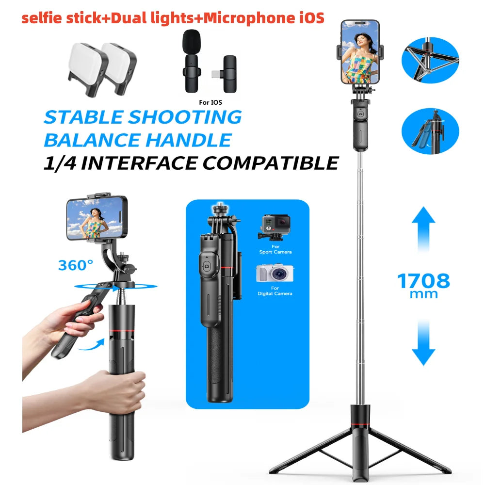 FANGTUOSI New 1.7M Wireless Selfie Stick Tripod Foldable Stand For Gopro Action Cameras Smartphones Balance Steady Shooting Live
