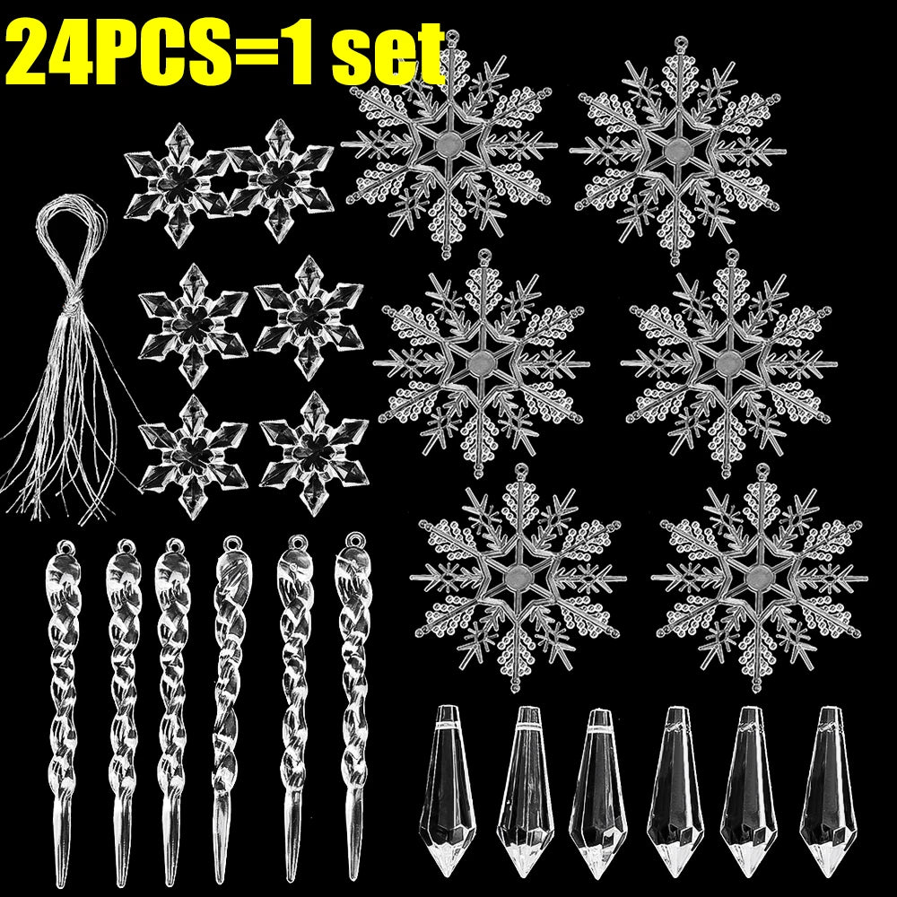5-48Pcs Christmas Ornaments Crystal Tree Decorations Transparent Ice Strip Pendant DIY Teardrop Chandelier Xmas Wedding Beads