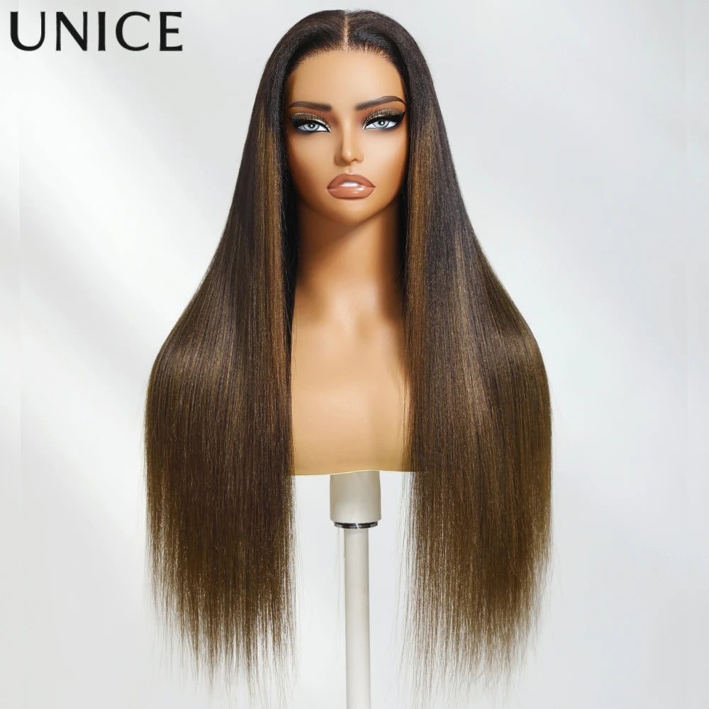 UNICE Hair Chestnut Brown Ombre Yaki Straight Human Hair Wig Pre Cut Pre Bleached 7x5 Glueless Wig & V Part Wig