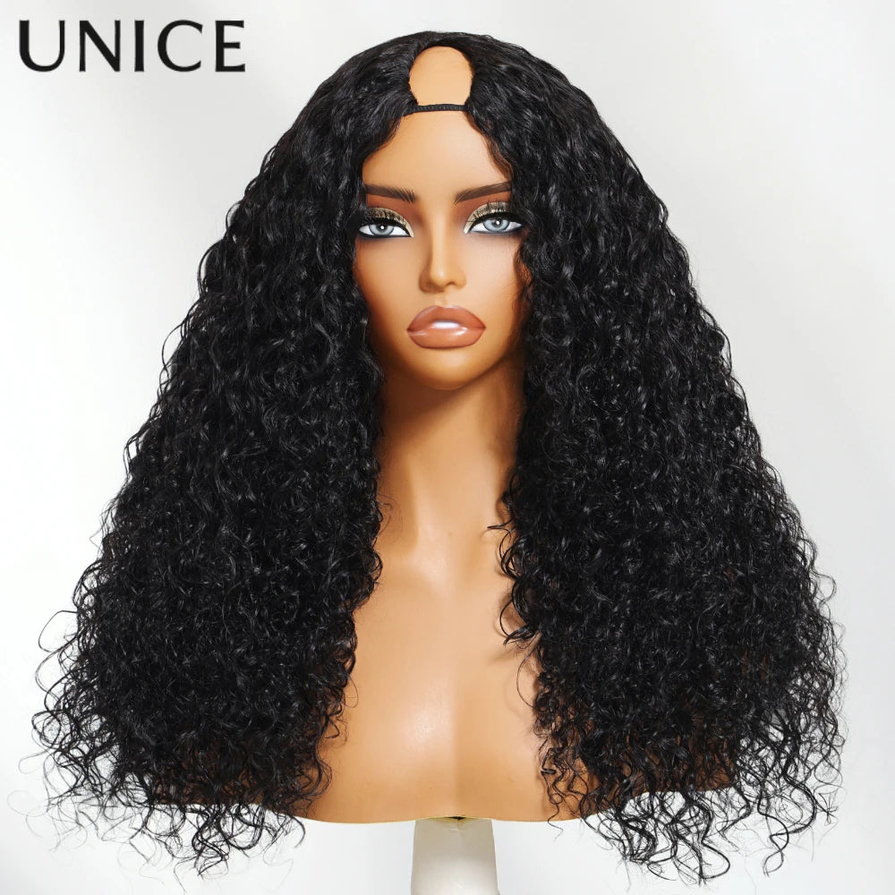 UNice Hair Bouncy Water Wave Curly V Part Wig With Drawstring Seamless Blend Human Hair Clip In Wig 150% Density