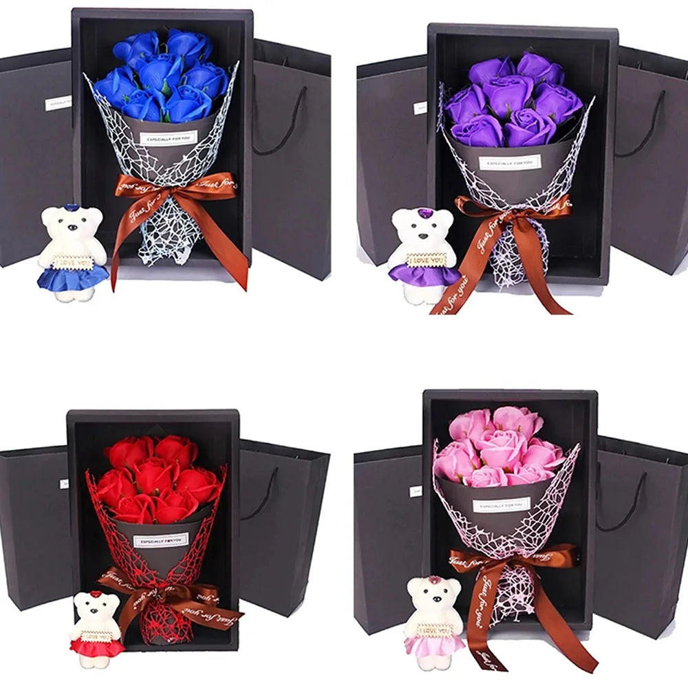 7 Heads Artificial Rose Bouquet Little Bear Gift Box Handmade False Flower Bouquet Mother's Day Birthday Party Gifts Home Decor