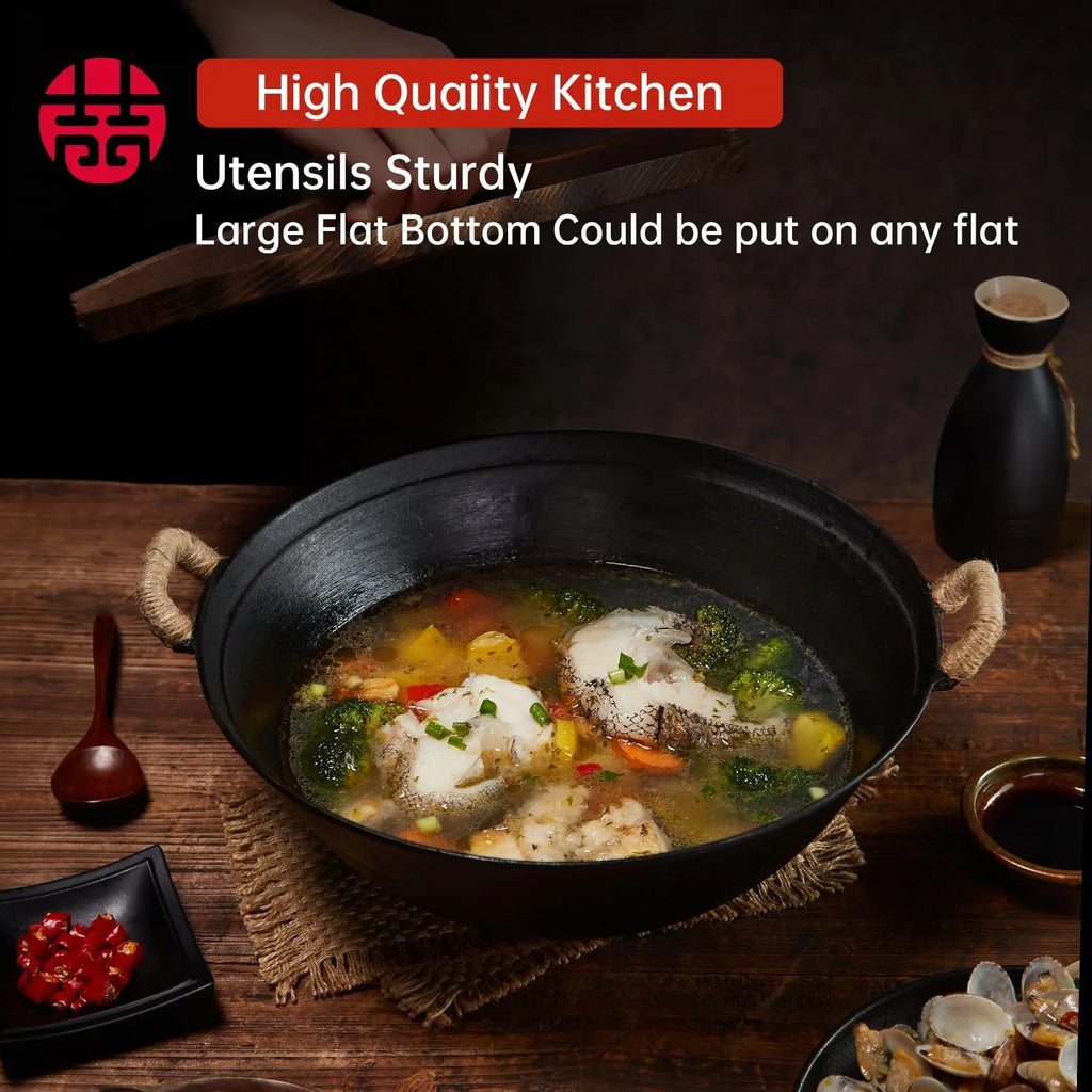 WANGYUANJI 14.2"Handmade Cast Iron Wok, Chinese Traditional Round Bottom Wok with Dual Handle, Suitable for All Cooktops, Uncoat