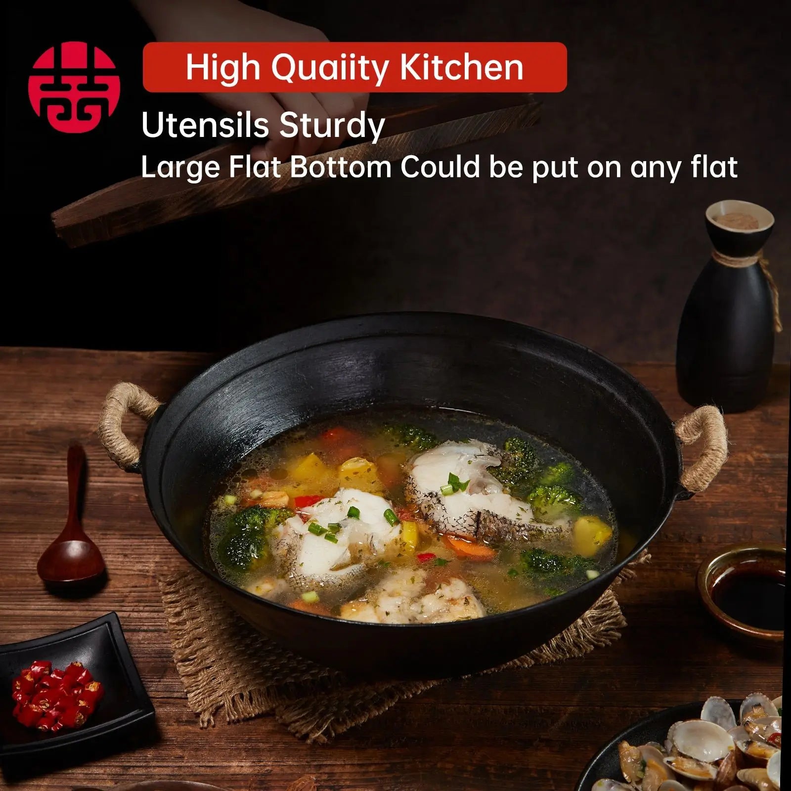WANGYUANJI 14.2"Handmade Cast Iron Wok, Chinese Traditional Round Bottom Wok with Dual Handle, Suitable for All Cooktops, Uncoat