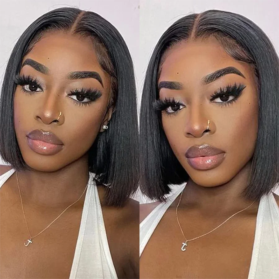 ISEE Hair Pre Bleached Knots Wear And Go Short Bob Hair Wig Human Hair Transparent Glueless Straight Lace Front Wig PrePlucked