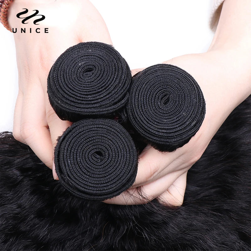 UNice Hair Kinky Straight Human Hair Bundles 3PCS Deal 100% Human Hair Natural Color Sew In Bundles Quick Weave