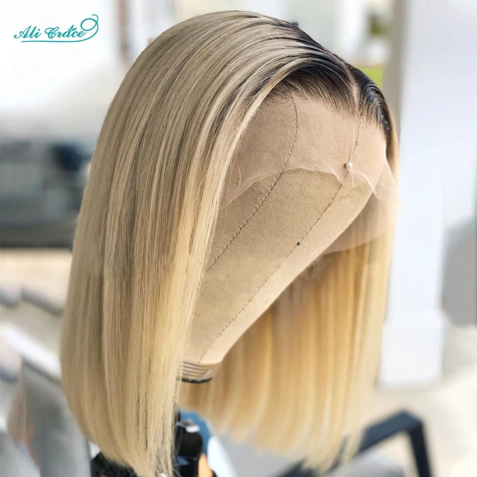 Ali Grace Bob Wigs Human Hair T1B/613 Ombre Straight Hair Short Bob 13X4 Lace Front Wigs For Women Pre-Plucked Hairline Bob Wigs