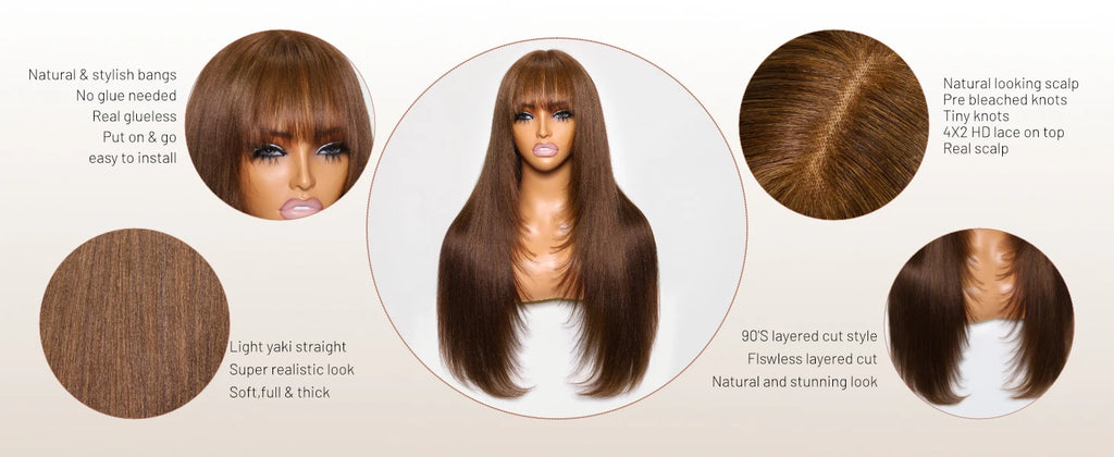 Unice Hair Yaki Straight #4 Brown Human Hair Wig With Bangs Layered Cut Middle Part 4x2 Lace Front Human Hair Wig 150% Density