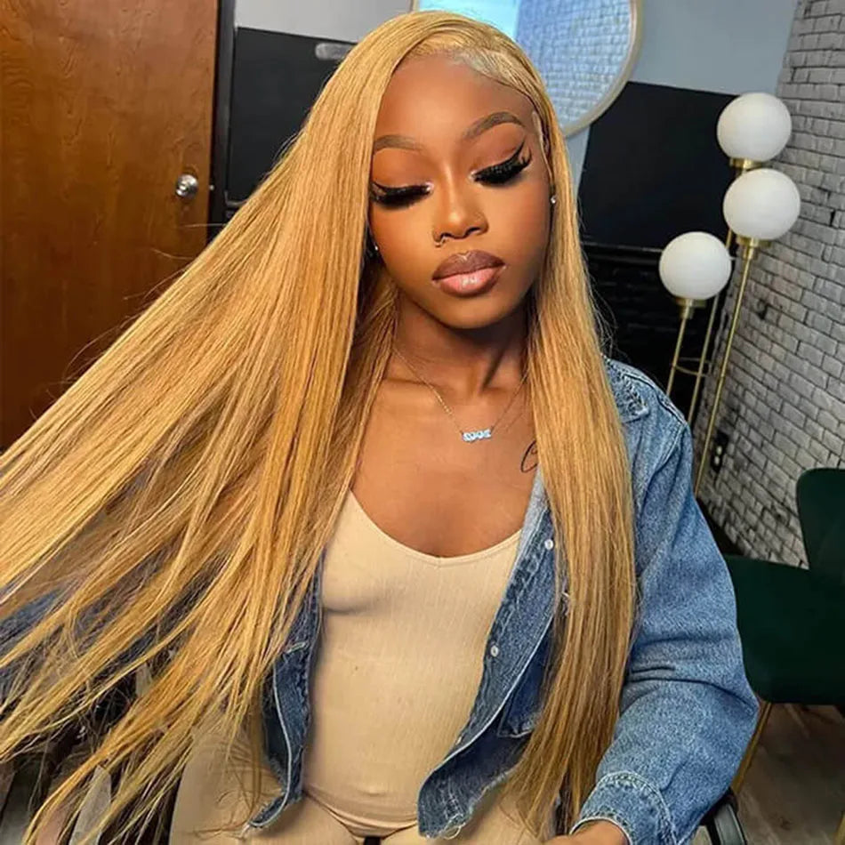 13x6 27# Honey Blonde Colored Human Hair Frontal Wigs Straight 180% 13x6 HD Transparent Lace Front Human Hair Wigs For Women