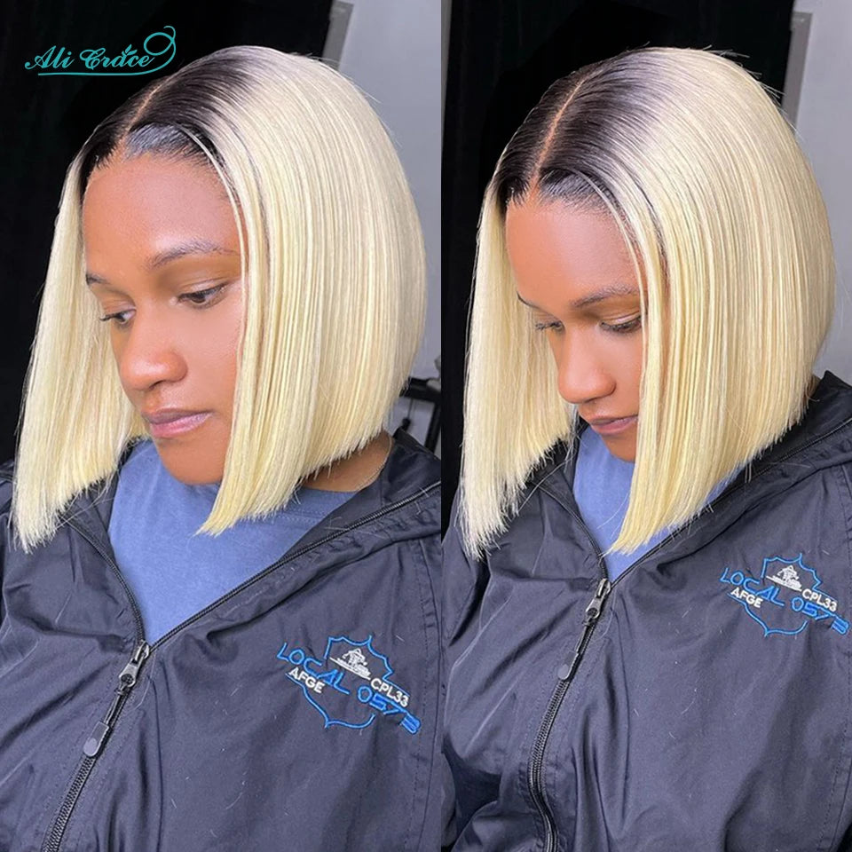 Ali Grace Bob Wigs Human Hair T1B/613 Ombre Straight Hair Short Bob 13X4 Lace Front Wigs For Women Pre-Plucked Hairline Bob Wigs