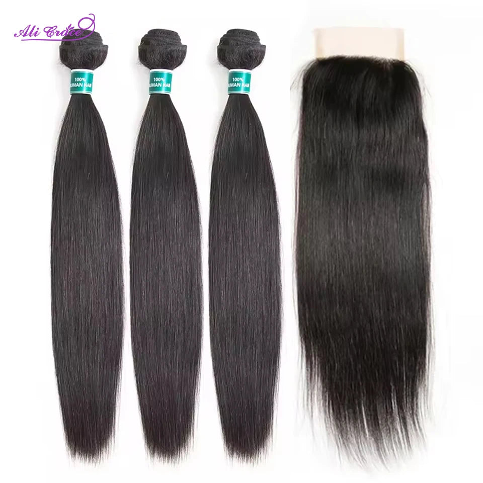Ali Grace Peruvian Human Hair 3 Bundles With 4x4 Lace Closure 100% Remy Straight Hair Weave Peruvian Straight Hair With Closure