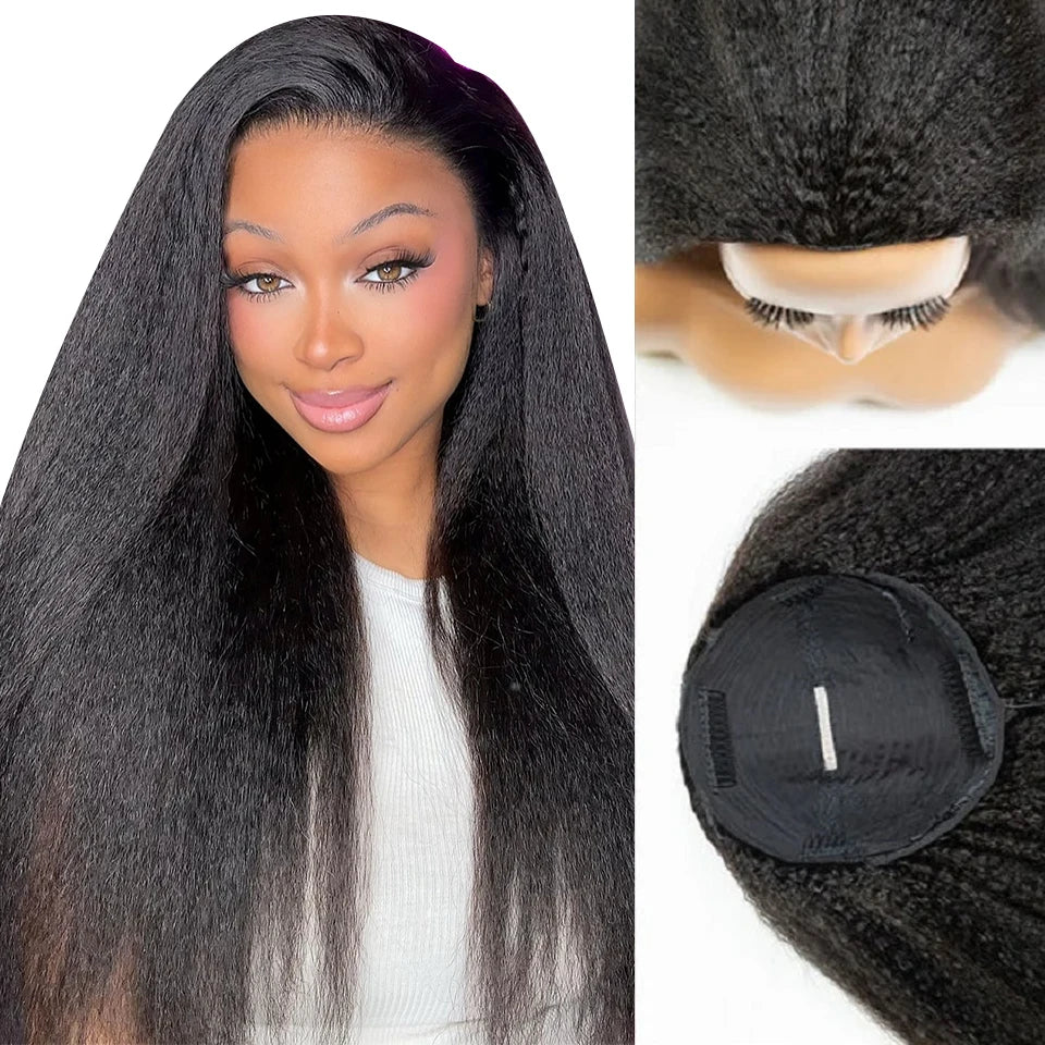 ISEE Kinky Straight Glueless Wigs Human Hair Wigs Upgrade 3 IN 1 Half Wig With Drawstring Seamless Clip Ins Flip Over