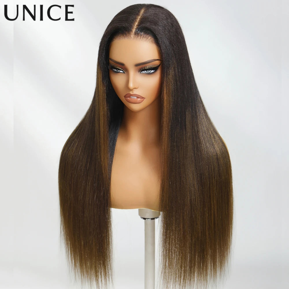 UNice Hair Upgrade Drawstring Yaki Straight Wig 7x5 Pre Cut Pre Bleached Glueless Wig Human Hair Ready To Wear 150% Density