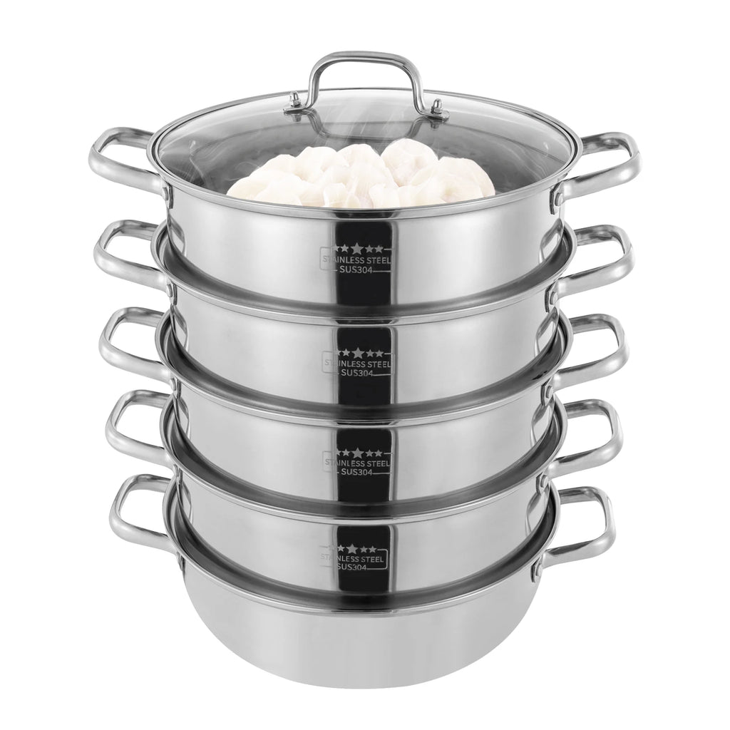 5 Tier  26/28/30/32cm Steame Cooker Steamer Pan Cook Food Veg Pot Stainless Steel Silver w/Glass Lid