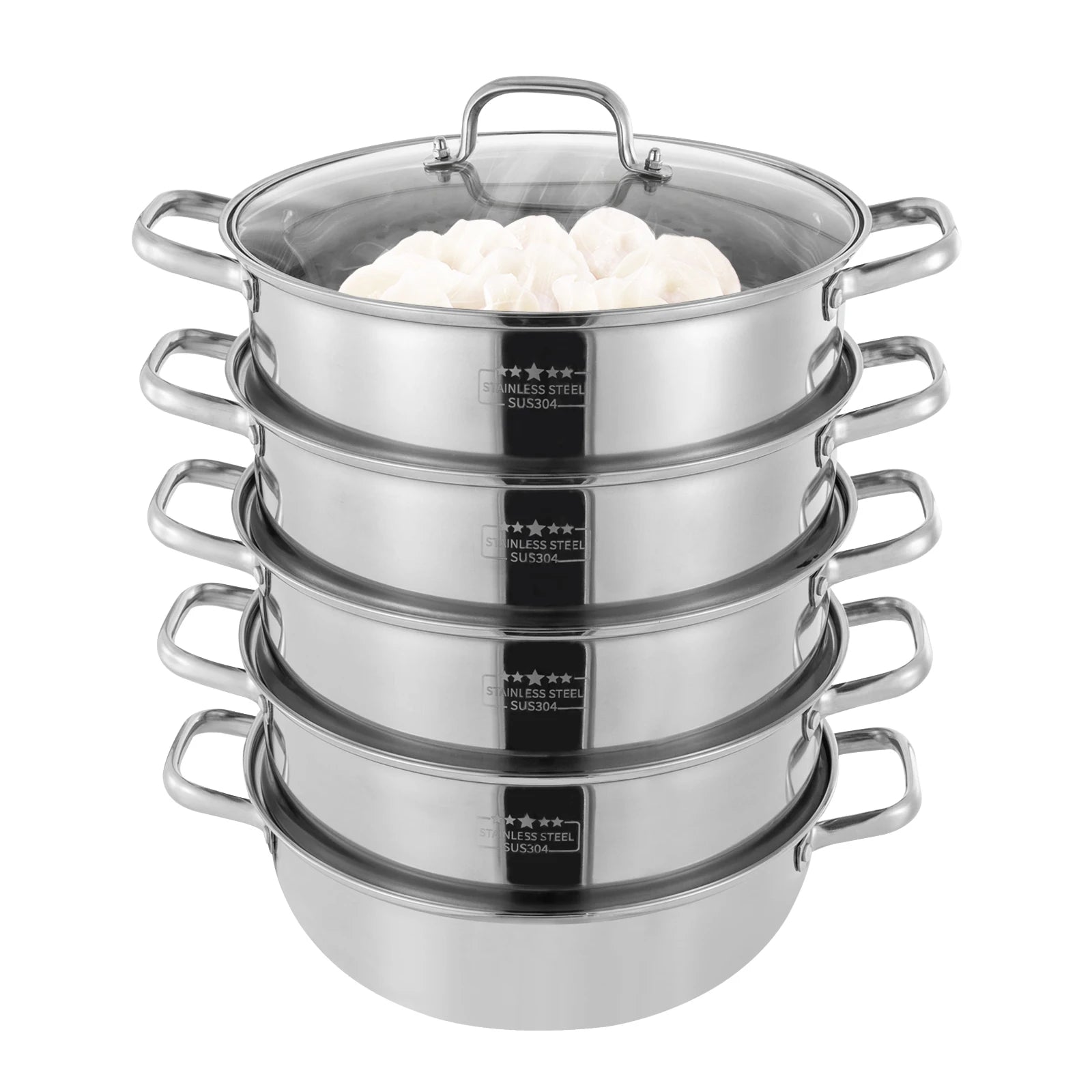 5 Tier  26/28/30/32cm Steame Cooker Steamer Pan Cook Food Veg Pot Stainless Steel Silver w/Glass Lid