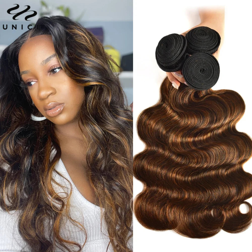 Unice Hair Brown Highlight Body Wave Human Hair Bundles 3PCS Deal 100% Human Hair Balayage Colored Bundles Sew In Weaves