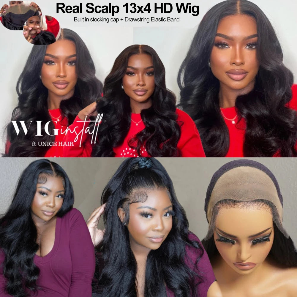 UNICE Hair Real Scalp Wig 13x4 HD Lace Frontal Wig Curtain Bangs Loose Wave Wig Human Hair With Drawstring
