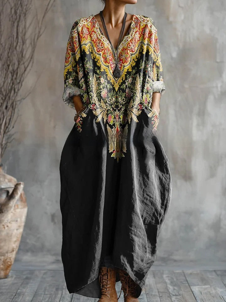 Women's Retro Floral V-Neck Dress With Pockets