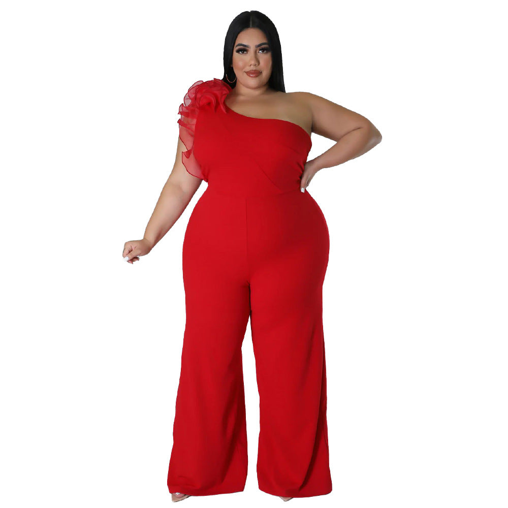Plus-size Women's One-shoulder Mesh Wide-leg Pants