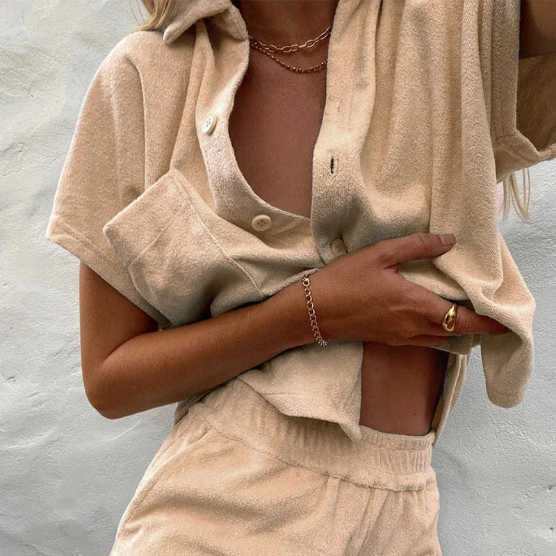 Women's Solid-Colored Single-Breasted Loose-Fitting  Fashionable Casual Homewear Set