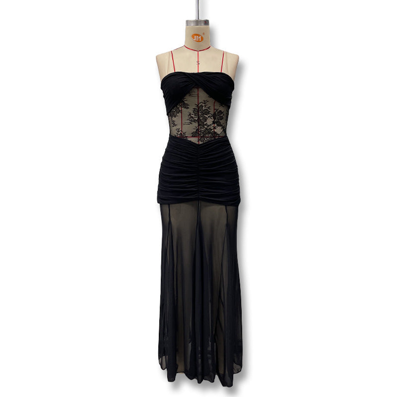 Strapless Lace-panelled Asymmetrical Dress