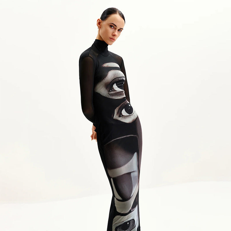 Elegant Mesh Double-layer Printed Crew-neck Long-sleeve Dress