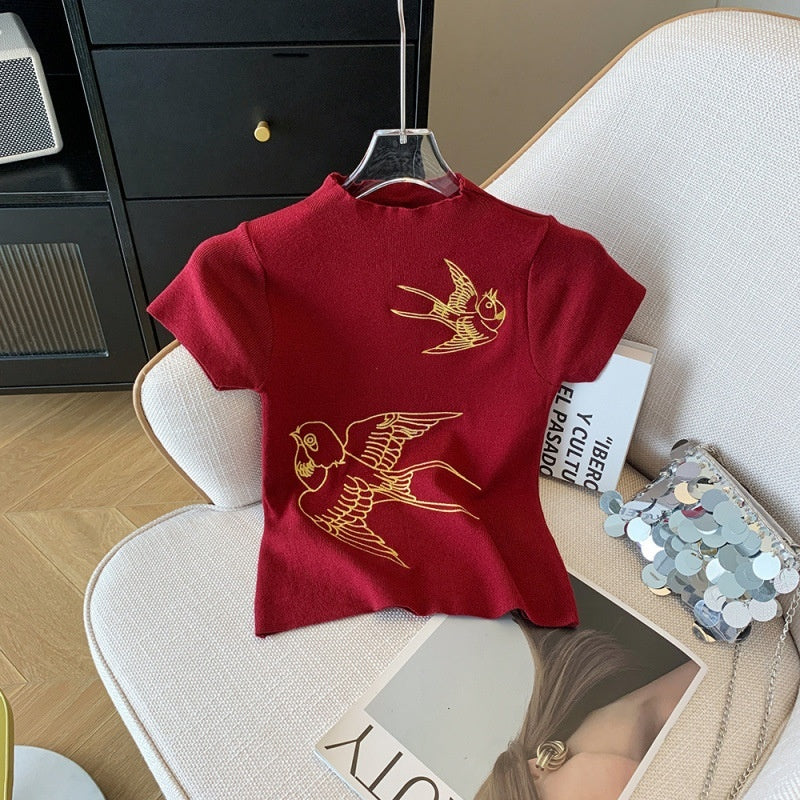 Fashionable Retro Embroidered Short-Sleeve T-Shirt Elegant Versatile Stand-Up Collar Cropped Top