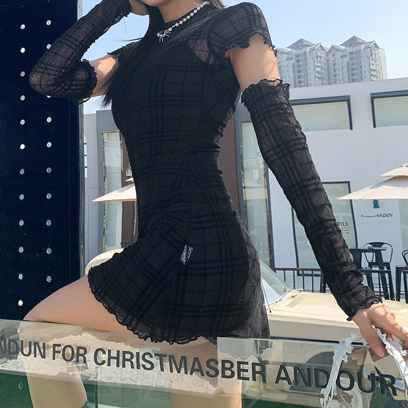 Elegant High-waist Body-hugging Plaid Three-piece Dress Set