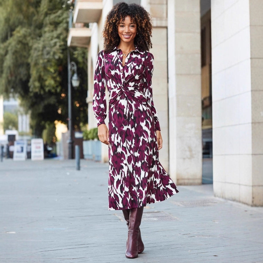 Printed-button Knot-detail Figure-hugging Long-sleeve Dress For Fall And Winter