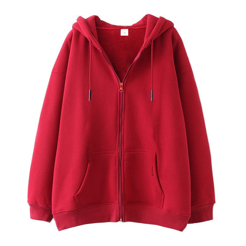 Full-zip Hoodie With Fleece-lined Solid-color Sweatshirt