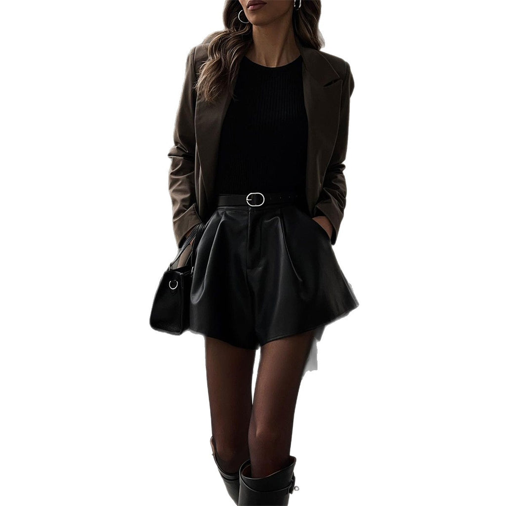 Elegant Chic Casual Versatile Solid-color Leather Shorts For Women