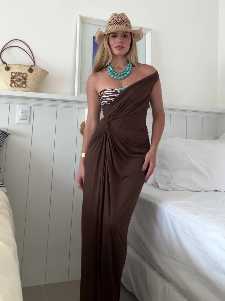 Solid Color Off-Shoulder Twist Slit Dress