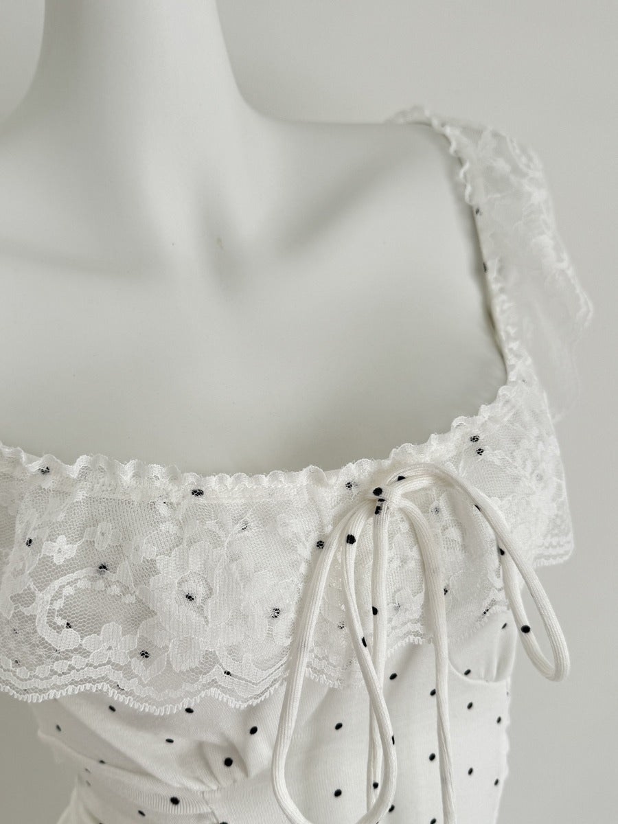 Lace Cap-sleeve Ruffled Polka-dot Camisole Women's Slim-fit Cropped Top